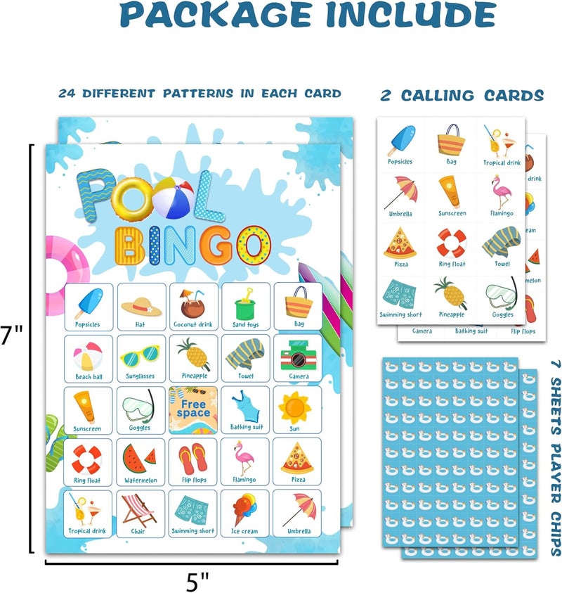OZTEMETY Pool Party Bingo Card Game, Summer Bingo Game for Adults, Pool Party Supplies, Favors, Beach Party Decorations, Pool Birthday Games – 24 Players Bingo Game, C12 - Image 2